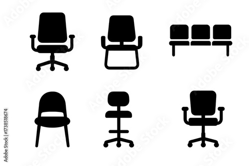 Office Chair Icons. Solid, filled icon set of office seating: executive chair, task chair, meeting room chair, conference bench, guest chair, drafting chair,