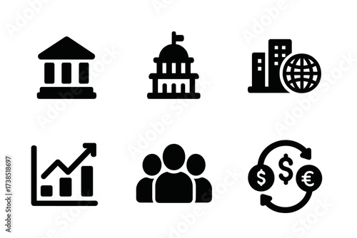Central Bank Icon Set. Solid, filled icon set of central bank relationships: commercial banks, government, international organizations, financial markets,