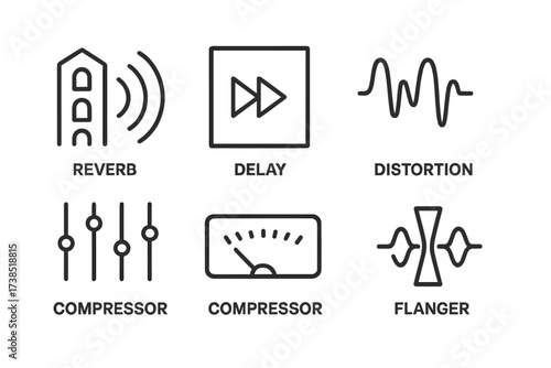 Audio Effects Icons. Outline icon set of sequencer effects: reverb, delay, distortion, EQ, compressor, filter, chorus, flanger. Line icons in only black color,