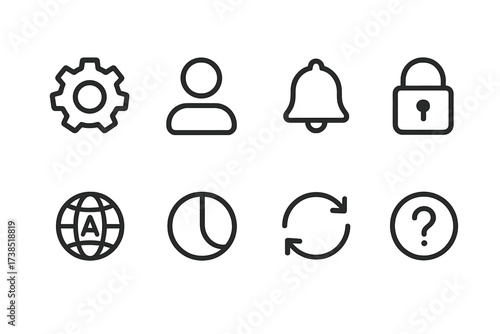 App Settings Icons. Outline icon set of running app settings: gear, profile, notification bell, privacy lock, language selector, theme switch, data sync, help.