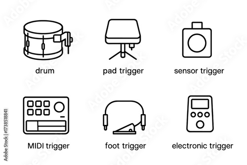 Trigger Device Icons. Outline icon set of trigger devices: drum trigger, pad trigger, sensor trigger, piezo trigger, MIDI trigger, trigger cable, foot trigger,