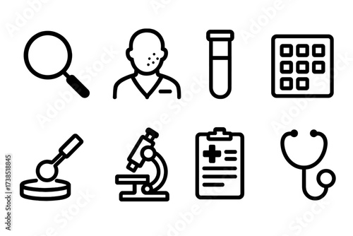 Irritation Diagnostic Icons. Solid, filled icon set of irritation diagnostic tools: magnifying glass, dermatologist, test tube, patch test, biopsy, microscope,