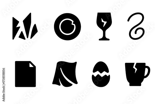 Fragile Icon Set. Solid, filled icon set of fragile materials: glass shards, porcelain plate, crystal glass, thin wire, paper sheet, silk cloth, eggshell,