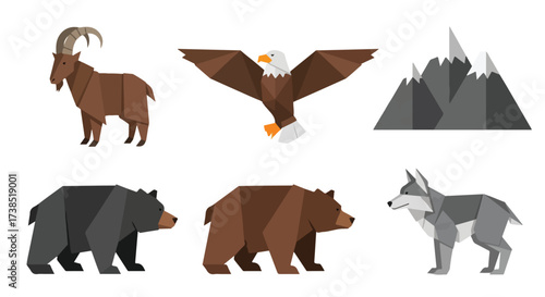 Geometric Origami Style Wildlife Icons Ibex Goat Eagle Mountains Bears Wolf Nature Animals Illustration