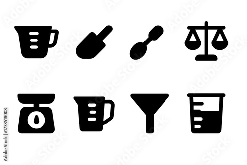 Dry Measuring Tools Icons. Solid, filled icon set of dry measuring tools: dry measuring cup, scoop, measuring spoon, balance scale, kitchen scale, measuring