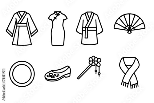Chinese Clothing Icons. Outline icon set of Chinese traditional clothing: hanfu dress, cheongsam, silk robe, folding fan, jade bracelet, embroidered shoes,