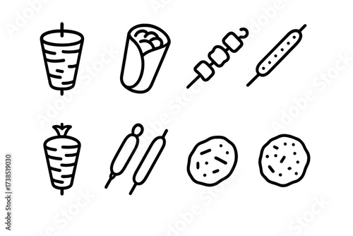Worldwide Kebab Icon Set. Outline icon set of kebab types worldwide: Turkish doner, Greek gyro, Middle Eastern shish, Indian seekh, Persian koobideh, Mexican