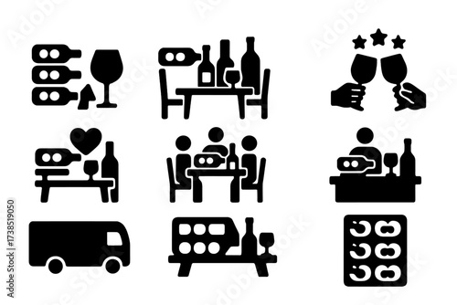 Wine Occasion Icons. Solid, filled icon set of wine rack usage occasions: wine tasting, dinner party, holiday celebration, romantic dinner, casual gathering,
