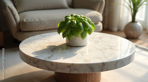 A stylish coffee table featuring a marble top and a lush green plant in a modern living room.