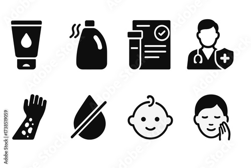 Allergy-Friendly Icon Set. Solid, filled icon set of unscented allergy-friendly products: hypoallergenic cream, unscented detergent, allergy test,