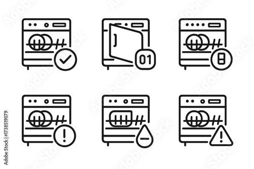 Dishwasher Alert Icons. Outline icon set of dishwasher alerts: cycle complete, door open, detergent low, rinse aid low, error code, water leak, maintenance