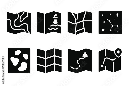 Map Navigation Icons. Solid, filled icon set of navigation maps & charts: topographic map, nautical chart, road map, star chart, heat map, digital map, trail