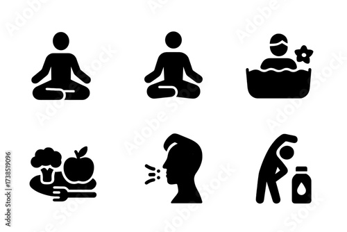 Rejuvenation Icons Grid. Solid, filled icon set of rejuvenation activities: yoga pose, meditation, jogging, spa bath, healthy meal, deep breathing, stretching,
