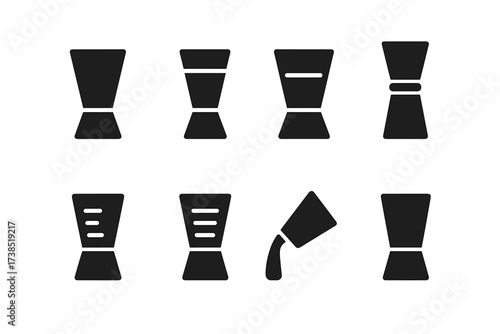 Jigger Measurement Icons. Solid, filled icon set of jigger measuring precision: exact measurement, half ounce, full ounce, double measure, fractional markings,