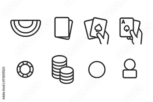 Blackjack Icon Set. Outline icon set of blackjack betting table: blackjack table, card deck, dealer hand, player hand, betting chips, chip stack, betting area,