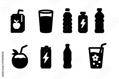 Non-Alcoholic Drink Icons. Solid, filled icon set of non-alcoholic drinks: juice box, milk glass, water bottle, sports drink, coconut water, energy drink, soda