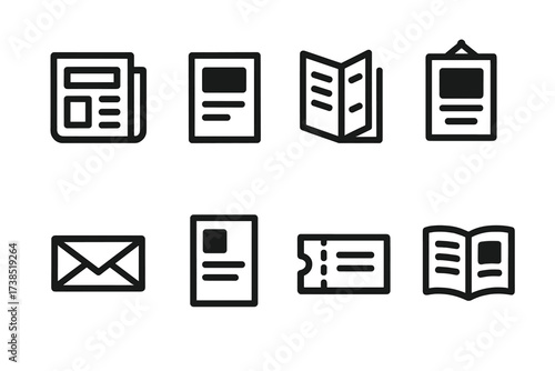 Print Ad Icon Set. Solid, filled icon set of print advertising: newspaper, magazine, brochure, poster, direct mail, flyer, coupon, catalog. [Line icons in only