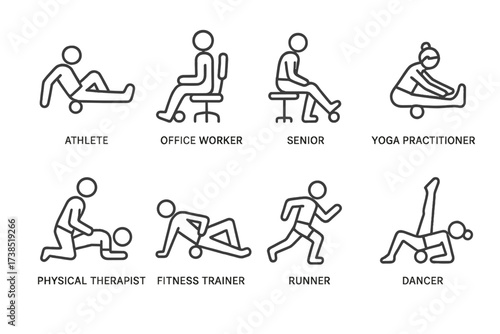 Foam Roller Icon Set. Outline icon set of foam roller user types: athlete, office worker, senior, yoga practitioner, physical therapist, fitness trainer,