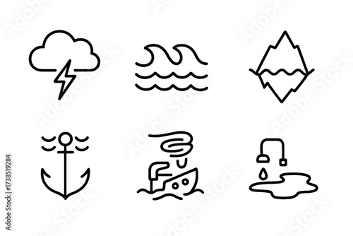 Water Hazard Icons. Outline icon set of water hazards: storm clouds, high waves, whirlpool, iceberg, sinking anchor, water leak, submerged ship, oil spill.