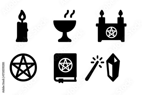 Ritual Icon Set. Solid, filled icon set of ritual: candle, chalice, incense, altar, pentagram, spellbook, wand, crystal. [Line icons in only black color. All