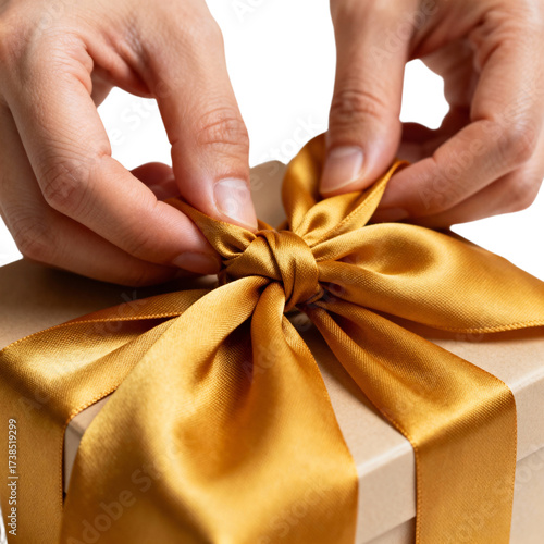 Hands carefully tying a golden ribbon bow on a brown gift box, transparent background png