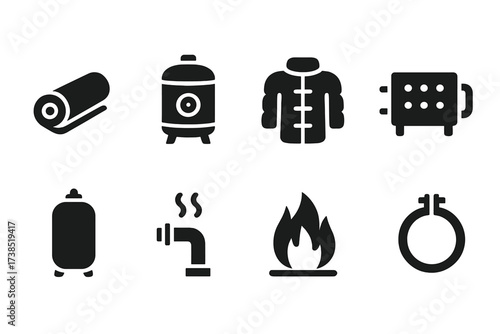 Industrial Insulation Icons. Solid, filled icon set of industrial insulation: pipe insulation, boiler wrap, insulation jacket, heat exchanger, insulated tank,
