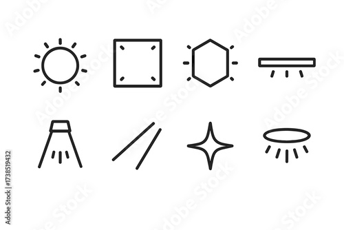 Light Shape Icons. Outline icon set of light shapes: circle glow, square panel, hexagon light, linear strip, spotlight cone, beam rays, star sparkle, halo.