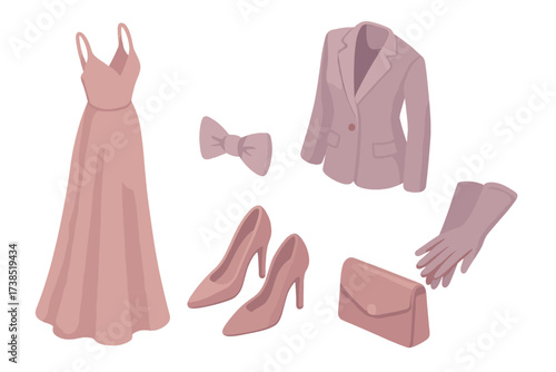 Velvet Fashion Icons. Isometric vector illustration set Luxurious velvet fashion: evening gown, blazer, stiletto heels, bow tie,