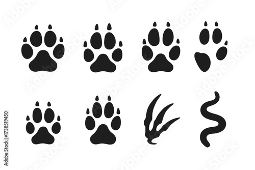 Predator Footprint Icon Grid. Solid, filled icon set of predator tracks: cougar paw, lynx tracks, wolf paw print, coyote footprints, bobcat tracks, fox paw