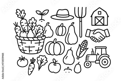 Harvest Icons Doodle. Hand-drawn doodle illustration Seasonal harvest basket, pumpkin, squash, corn, tomato, carrot, lettuce, apple, pear, farmer