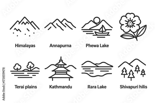 Nepalese Landscape Icons. Outline icon set of Nepalese landscapes: Himalayas, Annapurna range, Phewa Lake, Rhododendron flower, Terai plains, Kathmandu valley,
