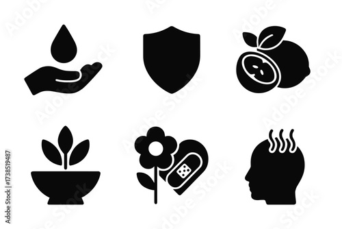 Balm Benefits Icons. Solid, filled icon set of solid balm benefits: hydration, protection, nourishment, healing, soothing, softening, repairing, calming.