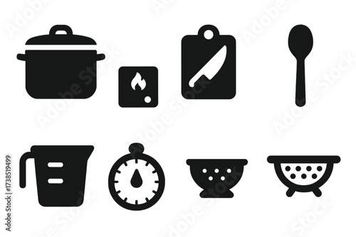 Bean Stew Tools Icons. Solid, filled icon set of bean stew cooking tools: cooking pot, stove, chopping board, knife, spoon, measuring cup, timer, colander.