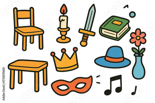 Colorful Stage Props. Stage props. Colorful Hand-drawn doodle Children illustration stage props chair, table, candle, sword, book, flower vase, crown, hat,