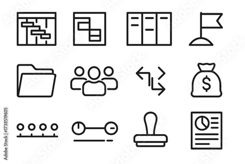 Project Management Icons. Project management tools. Line icon set of Project management tools: gantt chart, kanban board, project phases, milestone flag,