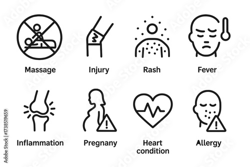 Health & Massage Icons. Outline icon set of massage contraindications: no massage sign, injury, rash, fever, inflammation, pregnancy caution, heart condition,