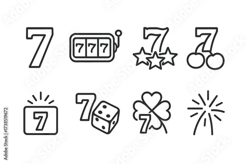 Lucky Number Icons. Outline icon set of lucky number : number digit, lucky seven slot, seven stars, seven cherries, jackpot , seven dice, seven clover, seven