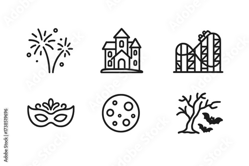 Night Thrill Icons. Outline icon set of night thrill: fireworks, neon lights, haunted house, roller coaster, carnival mask, full moon, spooky tree, bats. Line