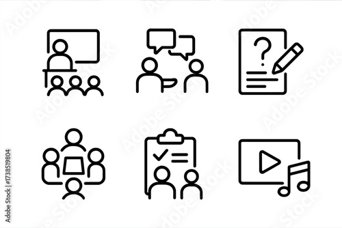 Teaching Methods Icons. Outline icon set of teaching methods: lecture, discussion, quiz, group work, demonstration, role play, project, multimedia. Line icons