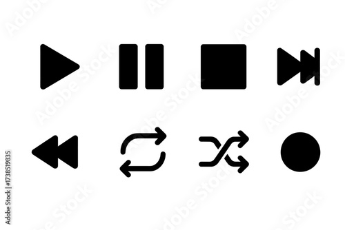 Music Controls Icons Set. Solid, filled icon set of music playback controls: play, pause, stop, rewind, fast-forward, loop, shuffle, record. Solid, filled