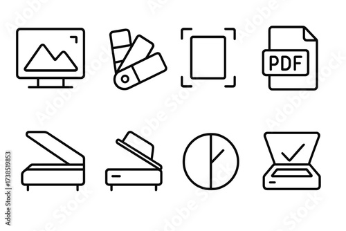 Scanner Settings Icons. Outline icon set of scanner settings: resolution, color mode, scan area, file format, scan speed, automatic feeder, contrast