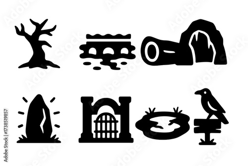 Eerie Landmarks Icons. Solid, filled icon set of eerie landmarks: twisted tree, fog bridge, hollow log, haunted cave, glowing stone, ancient gate, frozen pond,
