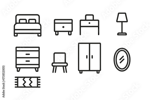 Bedroom Furniture Icons. Outline icon set of bedroom furniture: bed, nightstand, lamp, dresser, wardrobe, rug, chair, mirror. Line icons in only black color,