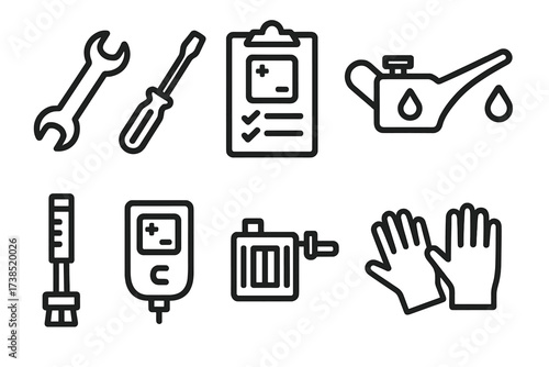 Fuel Cell Icons. Solid, filled icon set of fuel cell maintenance: wrench, screwdriver, inspection checklist, oil can, cleaning brush, diagnostic