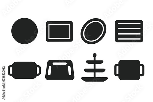 Serving Tray Icons. Solid, filled icon set of serving trays: round tray, rectangular tray, oval tray, wooden tray, metal tray, plastic tray, tiered tray,
