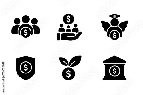Funding Sources Icons. Solid, filled icon set of funding sources: venture capital, crowdfunding, angel investor, government grant, corporate sponsor, seed