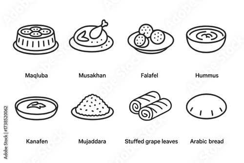 Palestinian Cuisine Icons. Outline icon set of Palestinian cuisine: Maqluba, Musakhan, Falafel, Hummus, Kanafeh, Mujaddara, Stuffed grape leaves, Arabic bread.