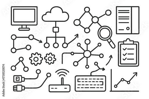 Network Doodle Montage. Hand-drawn doodle illustration network scheme nodes, connections, arrows, computer, server, cloud, flowchart, gears, magnifying glass,