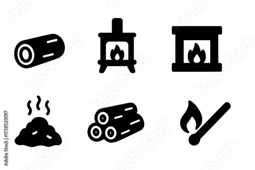 Firewood and Heating Icons. Solid, filled icon set of firewood and heating: chopped log, wood stove, fireplace, kindling, ash pile, firewood stack, burning