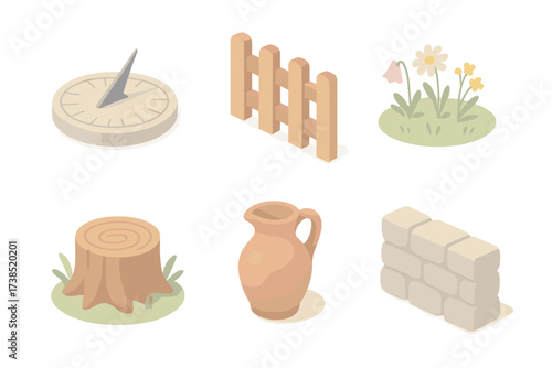 Countryside Scenery Icons. Isometric vector illustration set Countryside scenery: rustic sundial, wooden fence, meadow flowers,